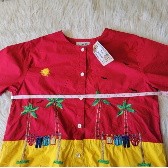 Shirt Shorts Set Embroidered Yellow Red Sz M Women Palm Tree Vacation Tropical - Picture 4 of 12